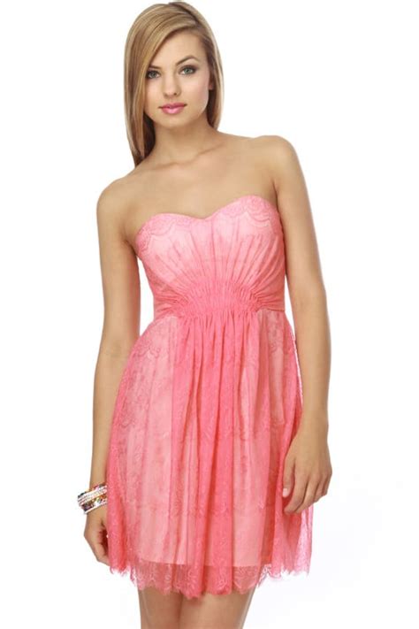Gorgeous Lace Dress Strapless Dress Coral Dress Pink Dress 62