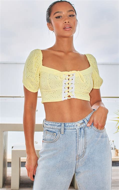 Petite Yellow Lace Up Milkmaid Crop Top Prettylittlething Qa