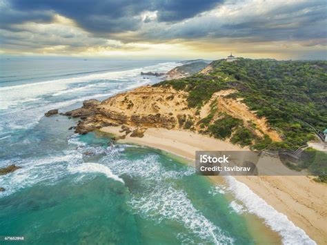 Aerial View Of Sorrento Ocean Beach Coastline And Coppins Lookout Gazebo At Sunrise Mornington