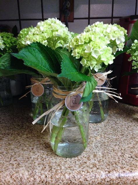 Hydrangea In Mason Jar Center Piece Mason Jar Centerpieces Wedding