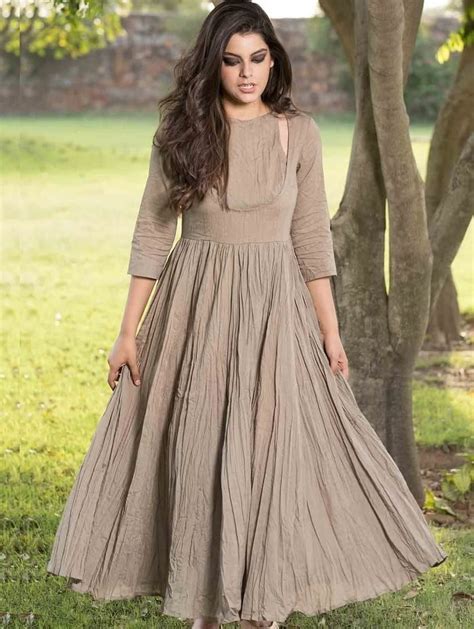 Gray Solid Gathered Flare Long Kurti Dress Indian Style Indian Fashion