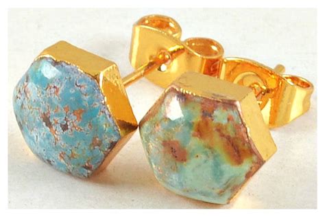 Gold Plated Genuine Turquoise Artisan Made Stud Earrings Turquoise