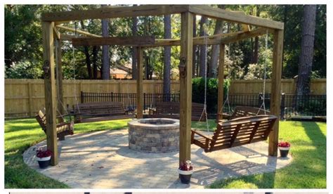 Keep any fire pit around 20 feet from any structure or tree to reduce the risk of fires from sparks, and remember to avoid overhead pergolas. Tutorial for round pergola with fire pit and swings ...