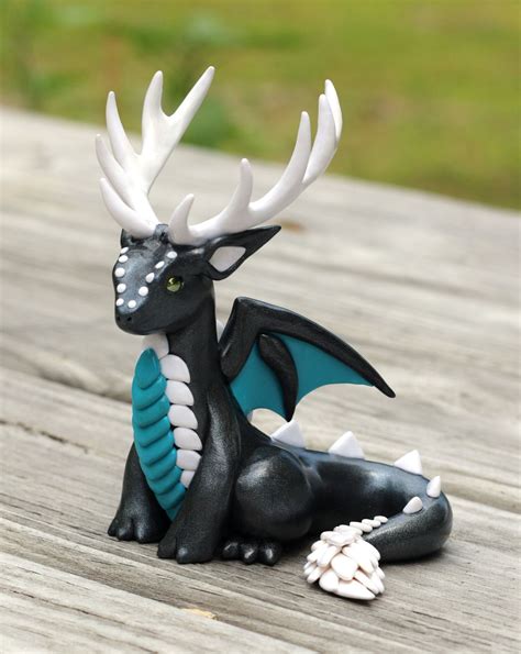 Graphite Pearl Teal And White Antlered Dragon Sculpture Fantasy