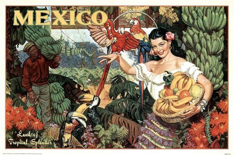 Vintage tropical flowers motif for silk scarf fabric. Land Of Tropical Splendor, Mexico - Retro Travel Poster ...