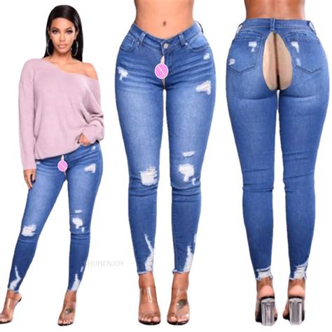 invisible zipper open crotch pants fashion elastic ripped jeans women ladies pants trousers sexy