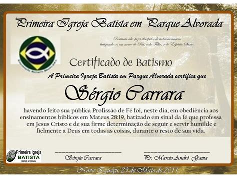 1ª Igreja Batista No Parque Alvorada Certificado De Batismo