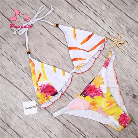 Pacento Bikinis Set Sexy Micro Swimwear Women White Bra Bandage Strappy Floral Print 2017 Ruffle