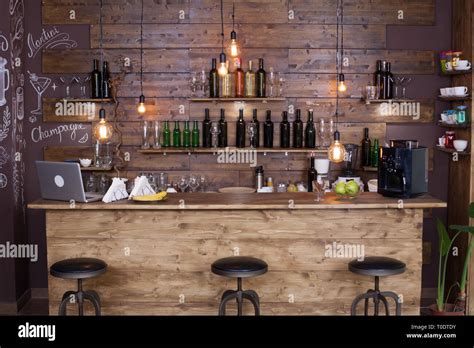 Coffee shop bar counter with wine bottles. Modern design. Vintage
