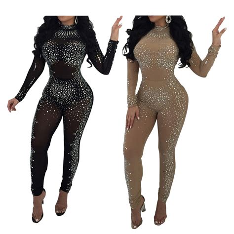 New Sexy Shinning Rhinestones Mesh Bodycon Jumpsuit Rompers Cheap Lace
