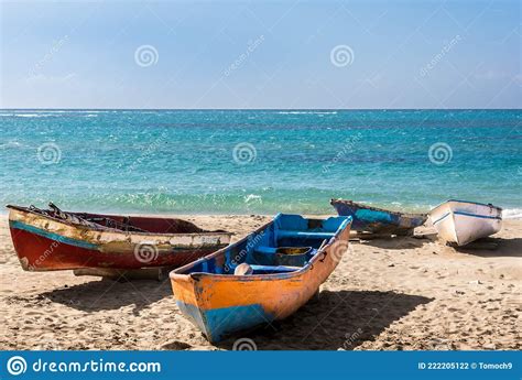 Dramatic Image Of Old Wooden Colourful Fishing Boats On The Caribbean