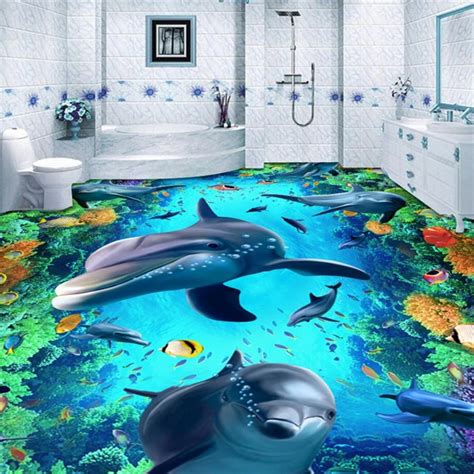 Beibehang World Dolphins Floor 3d Wall Paper Painting Bathroom Mural