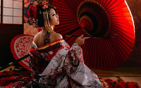 download brunette lipstick tattoo kimono model umbrella asian woman geisha 4k ultra hd wallpaper