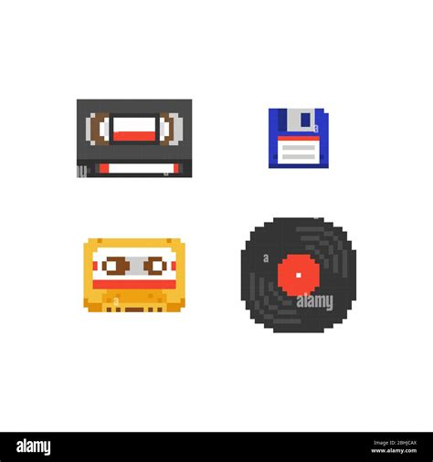 Pixel Art Vector Illustration Set Audio Compact Cassette Video Tape