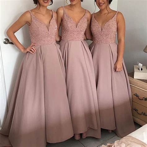 Glamorous Light Pink Tulle Bridesmaid Dresses Long Beaded Satin Ball