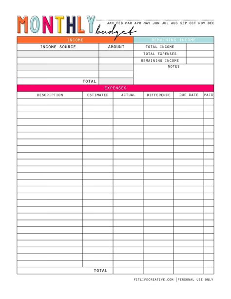 Free Printable Blank Monthly Budget Template Addictionary
