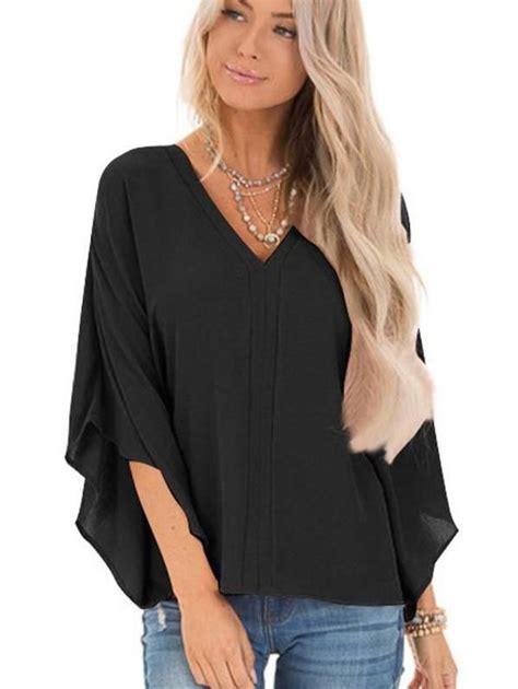 Casual Loose Pure V Neck Batwing Sleeve T Shirts