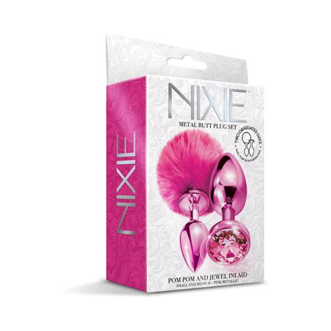 Nixie Metal Butt Plug Set Pom Pom And Jewel Inlaid Metallic Pink