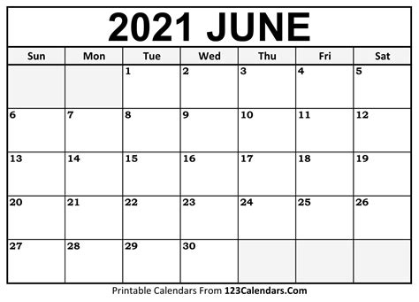 Printable June 2021 Calendar Templates