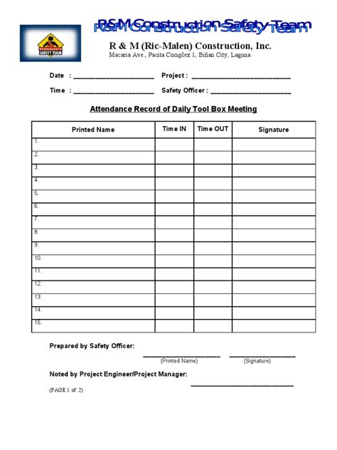 Rmci Tool Box Meeting Form Personal Protective Equipment Hazards