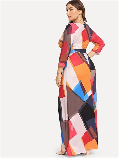 Plus Belted Geo Print Dress Color Multicolor Composition Polyester