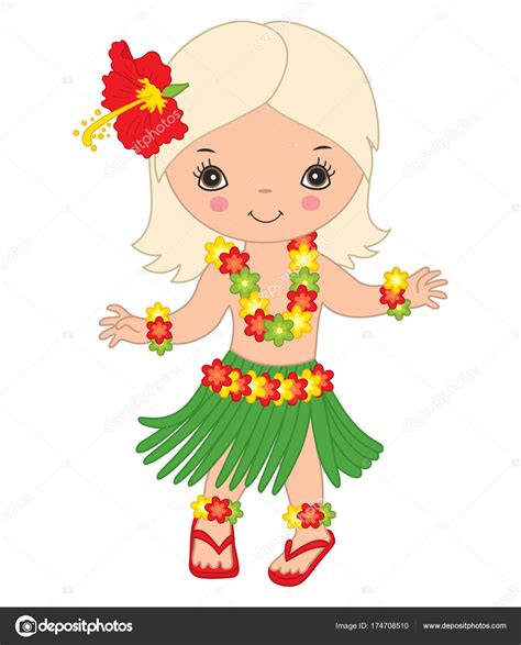 Vector Cute Little Girl In Traditional Hawaiian Costume Dancing Hula