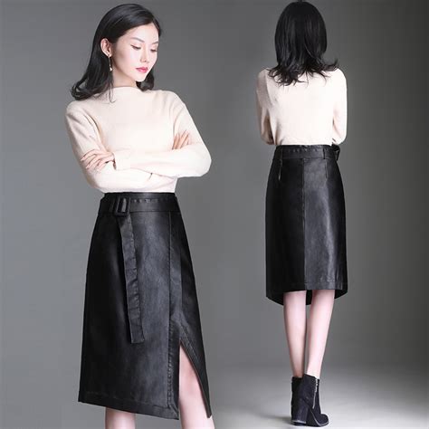 pu leather skirt women maxi long skirts 2018 autumn winter womens slit high waist a line skirt