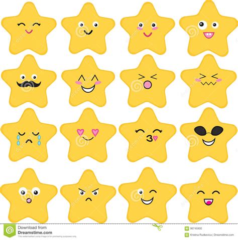 Funny Cute Vector Set Of 16 Kawaii Stars Stock Vector Illustration