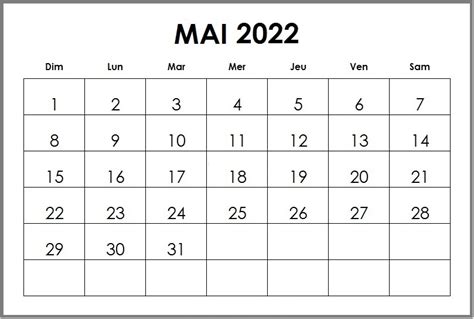 Imprimables Mai 2022 Calendrier Modèles Pdfwordexcel