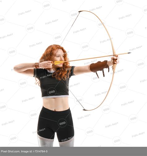Beautiful Female Archer With Bow On White Background Stock