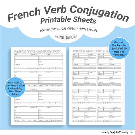 French Language Verb Conjugation Practice Worksheets Printable Etsy Uk