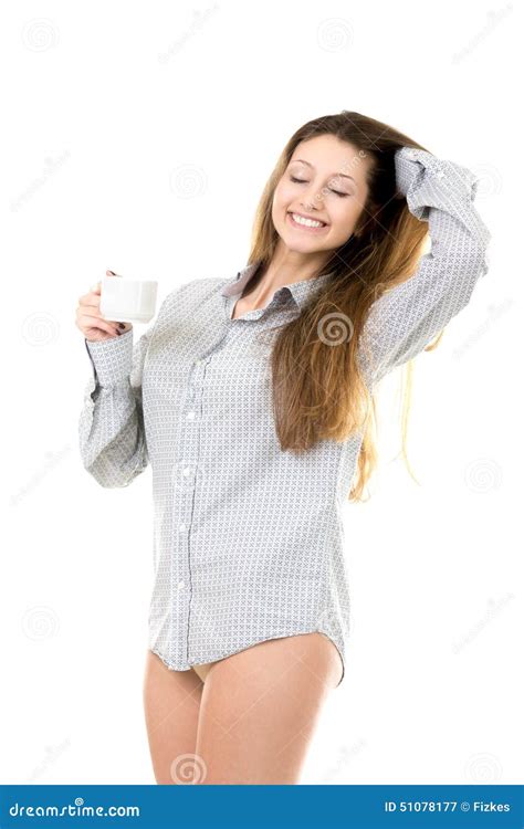 Smiling Young Girl Stretching With Pleasure Enjoying Morning Cof Stock