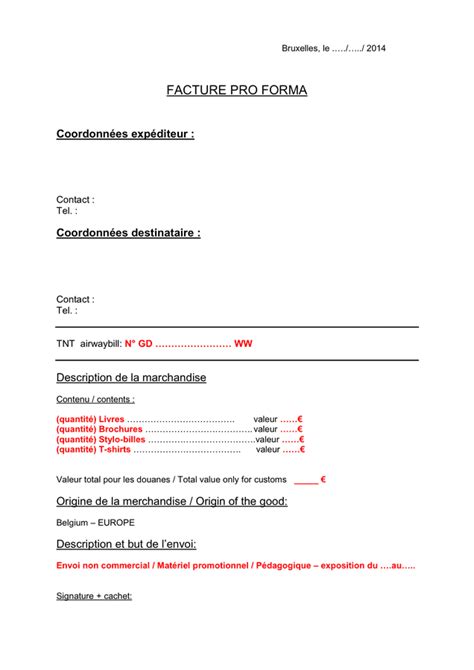 Modelé de facture pro forma Belgique DOC PDF page 1 sur 1