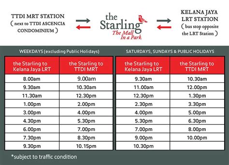 Shuttle buses are convenient if you're travelling in larger groups or have a specific destination in mind. The Starling Free Shuttle Bus Schedule to/from TTDI MRT ...