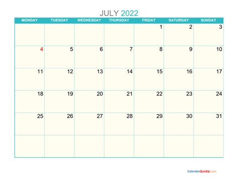 July Monday 2022 Calendar Printable Calendar Quickly