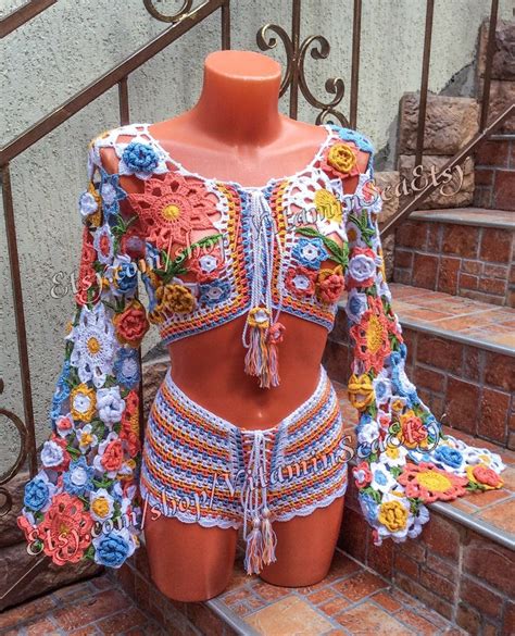 Colorful Flowers Crochet Top Hippie Bell Sleeve Boho Gipsy Etsy