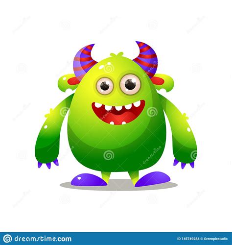 Green Cute Monster With Violet Horn And Big Hands Stock Vector
