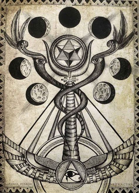 An Artistic Drawing On Paper With Various Symbols And Shapes In The Middle Including A Pentagram