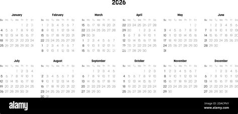 Monthly Calendar Of Year 2026 Week Starts On Sunday Block Of Months