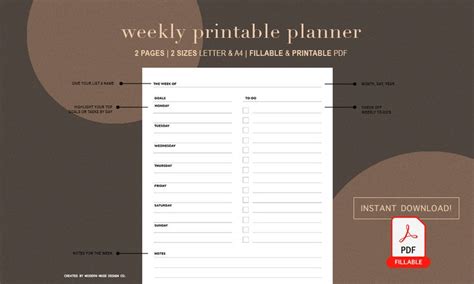 Editable Fillable Printable Checklist Weekly Planner Etsy