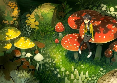 Mushrooms Red Forest Grass Manga Mushroom Yellow Fantasy Girl