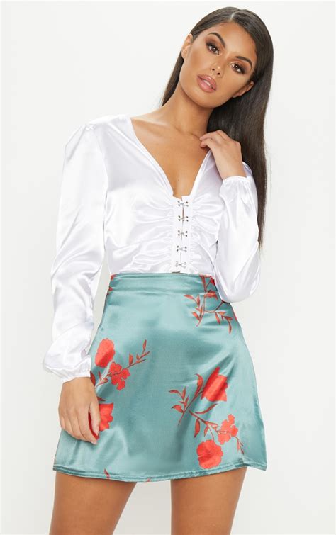 Green Floral Satin A Line Mini Skirt Skirts Prettylittlething