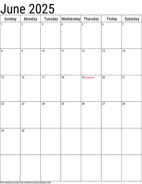 June 2025 Vertical Calendar With Holidays Handy Calendars