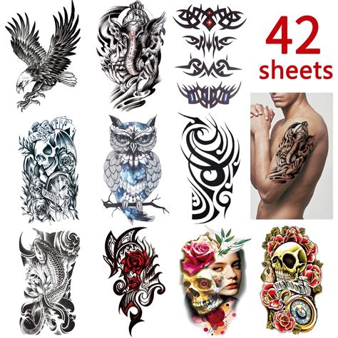 42 Sheets Temporary Tattoos Stickers Fake Temporary Tattoos For Men