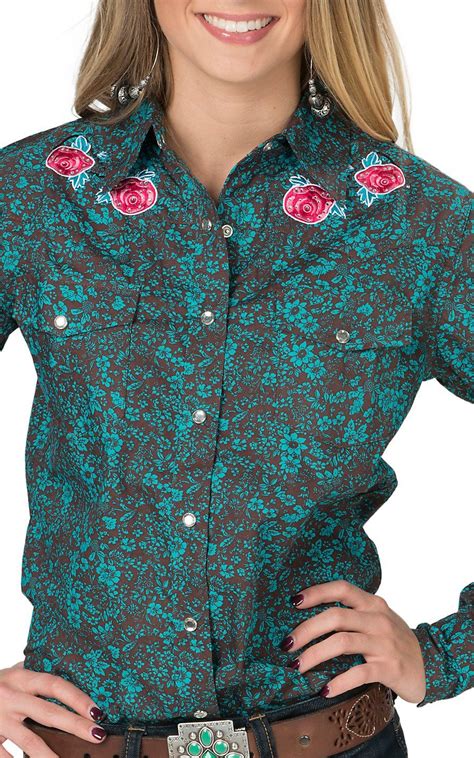 Cowgirl Hardware Womens Turquoise And Brown Floral Print With Rose Embroidery Long Sleeve Western
