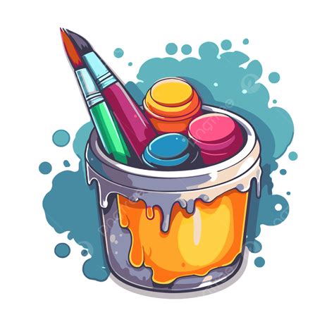 Bucket With Brush And Paint In A Cartoon Style Clipart Vector Painting