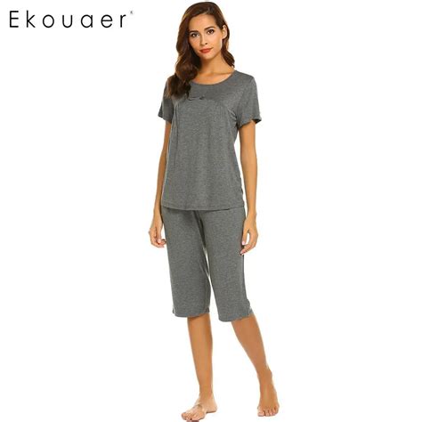 Ekouaer Women Pajamas Set Casual Loose Sleepwear Sets Solid Short Sleeve O Neck Tops And Knee