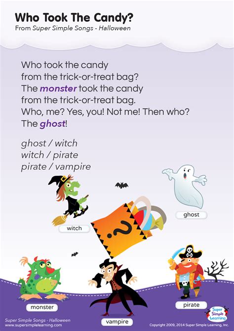 Free downloads, no registration required! Who Took The Candy? Lyrics Poster - Super Simple | Preschool songs, Halloween preschool ...