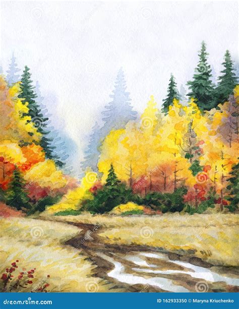 Watercolor Landscape Road To The Autumn Forest Stock Photo Image Of