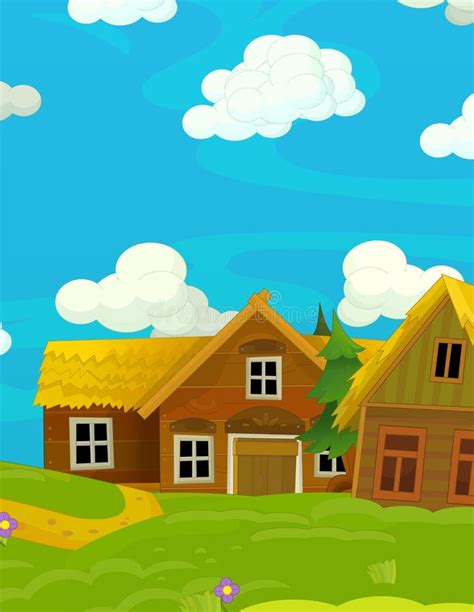 Cartoon Happy Scene With Wooden Houses Traditional Village Scene